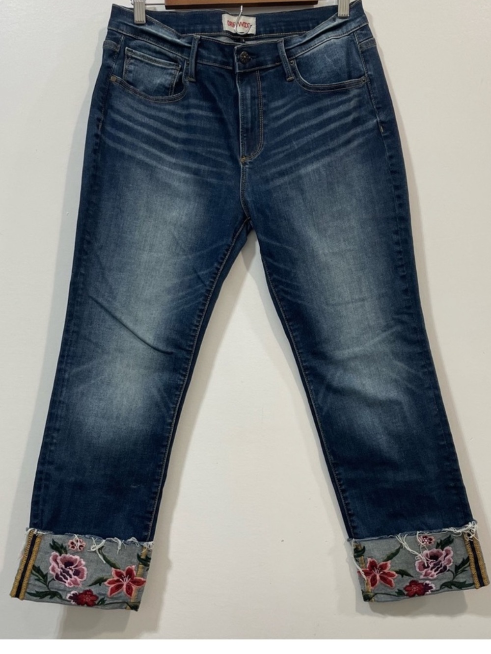 DRIFTWOOD Dark Blue Cropped Jeans with Embroidered Floral Cuffs